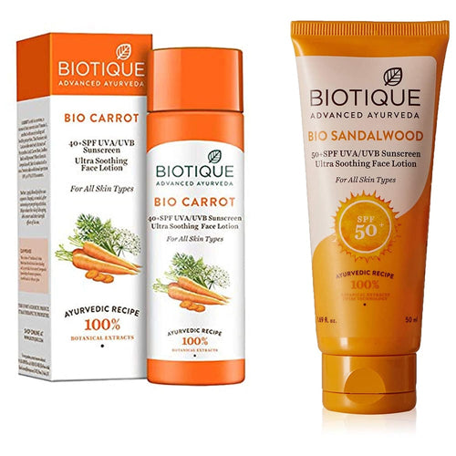 Biotique Carrot Face & Body Sun Body Lotion Spf 40 Uva/Uvb Sunscreen For All Skin Types In The Sun 1 & Bio Sandalwood Sunscreen Ultra Soothing Face Body Lotion Spf 50+ 50Ml Combo